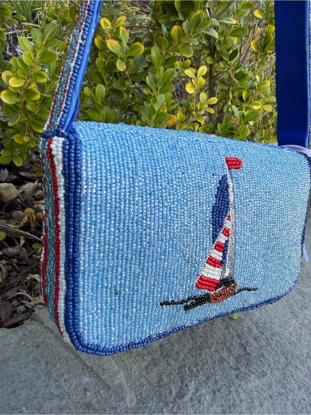 NWT Viral Beaded Shoulder Bag Sailboats Ocean Coastal Nautical Summer Fashion